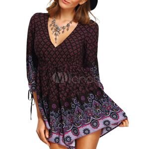 Chiffon Burgundy Romper V Neck 3/4 Length Sleeve Printed Loose Leg Playsuit ~ M